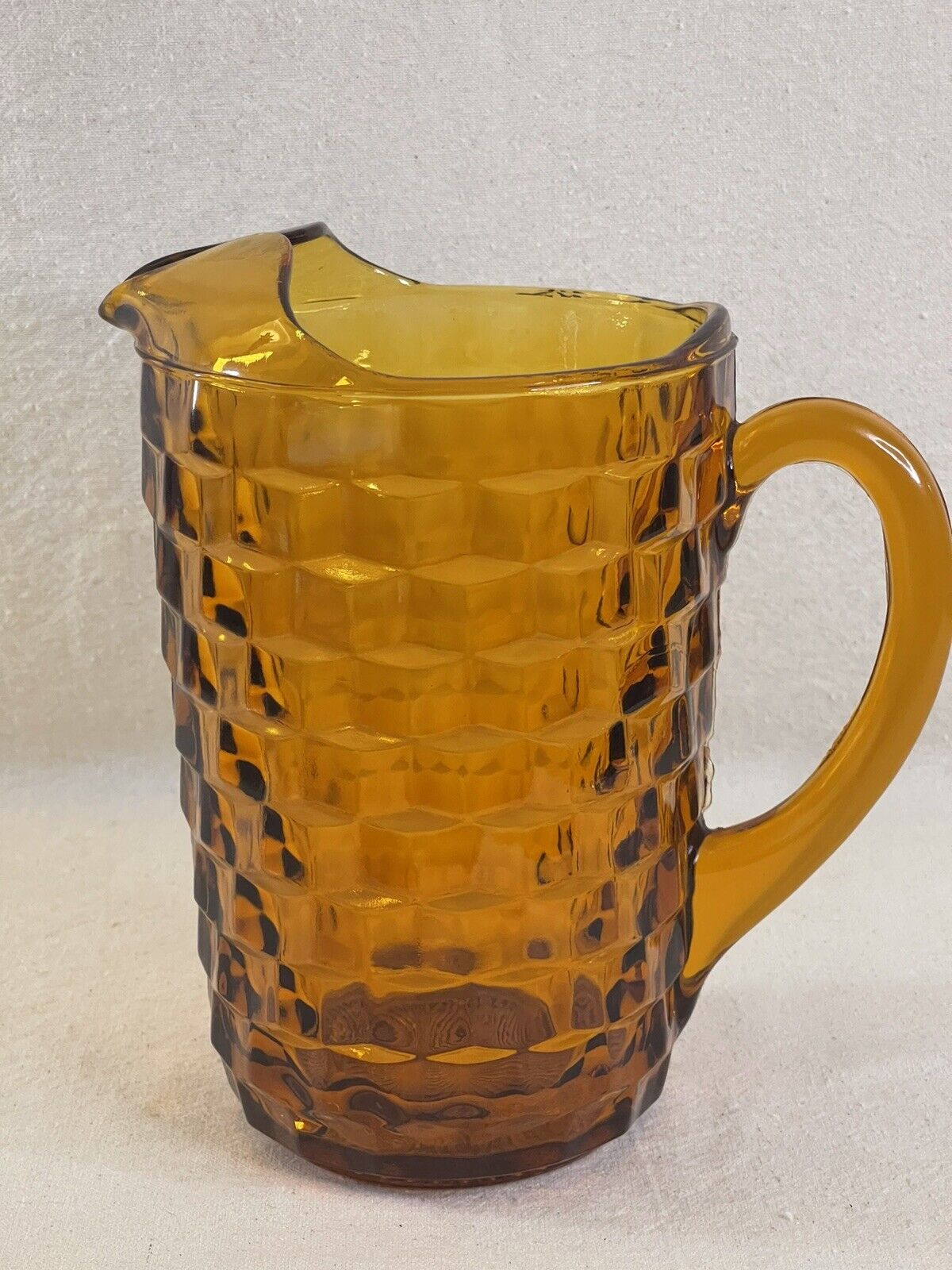Vintage Amber Indiana Glass Cubist Colony Whitehall Water Pitcher w Ice Lip EUC
