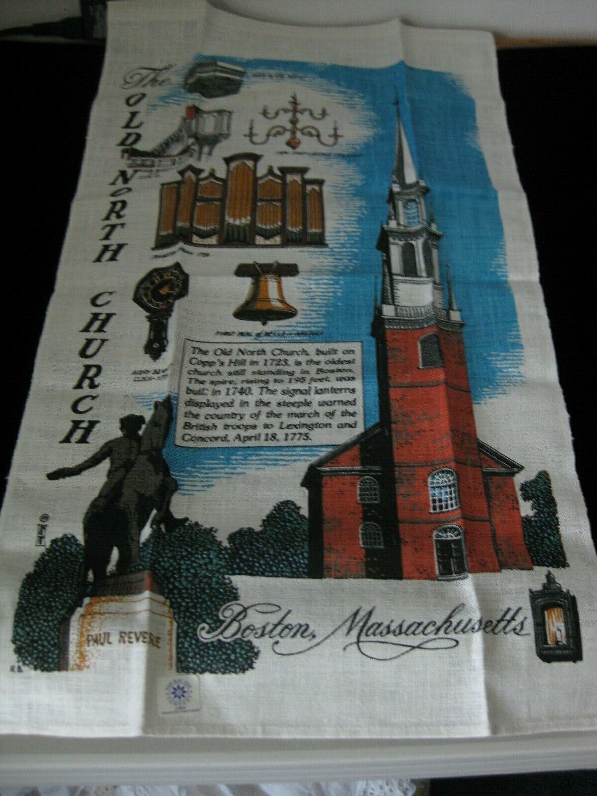 Vtg 100% Linen OLD North Church Boston Mass Linen Tea Towel Kay Dees MINT NBU