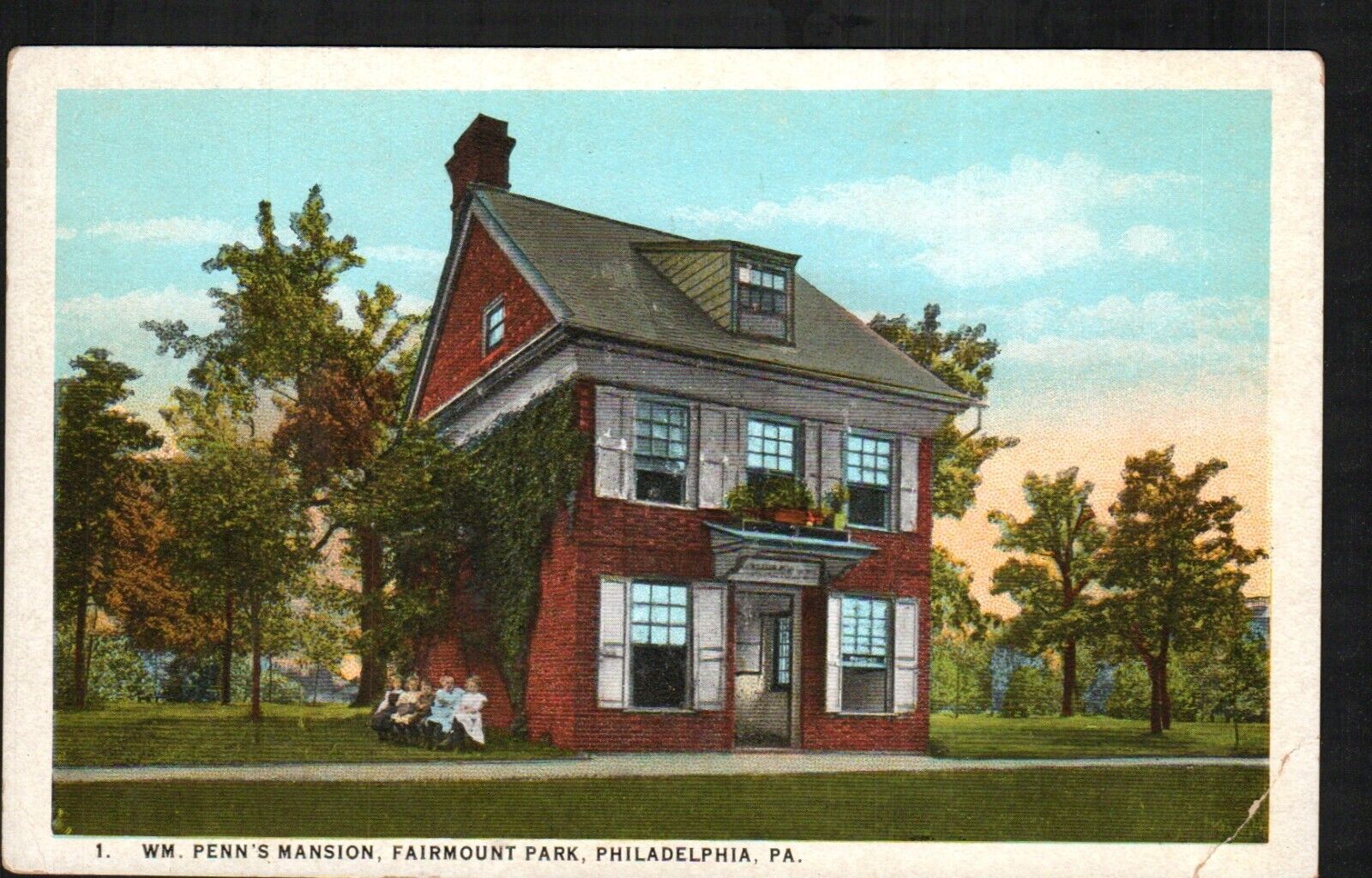 Postcard William Penn\'s Mansion Fairmount Park Philadelphia PA Girls Bench 1940s