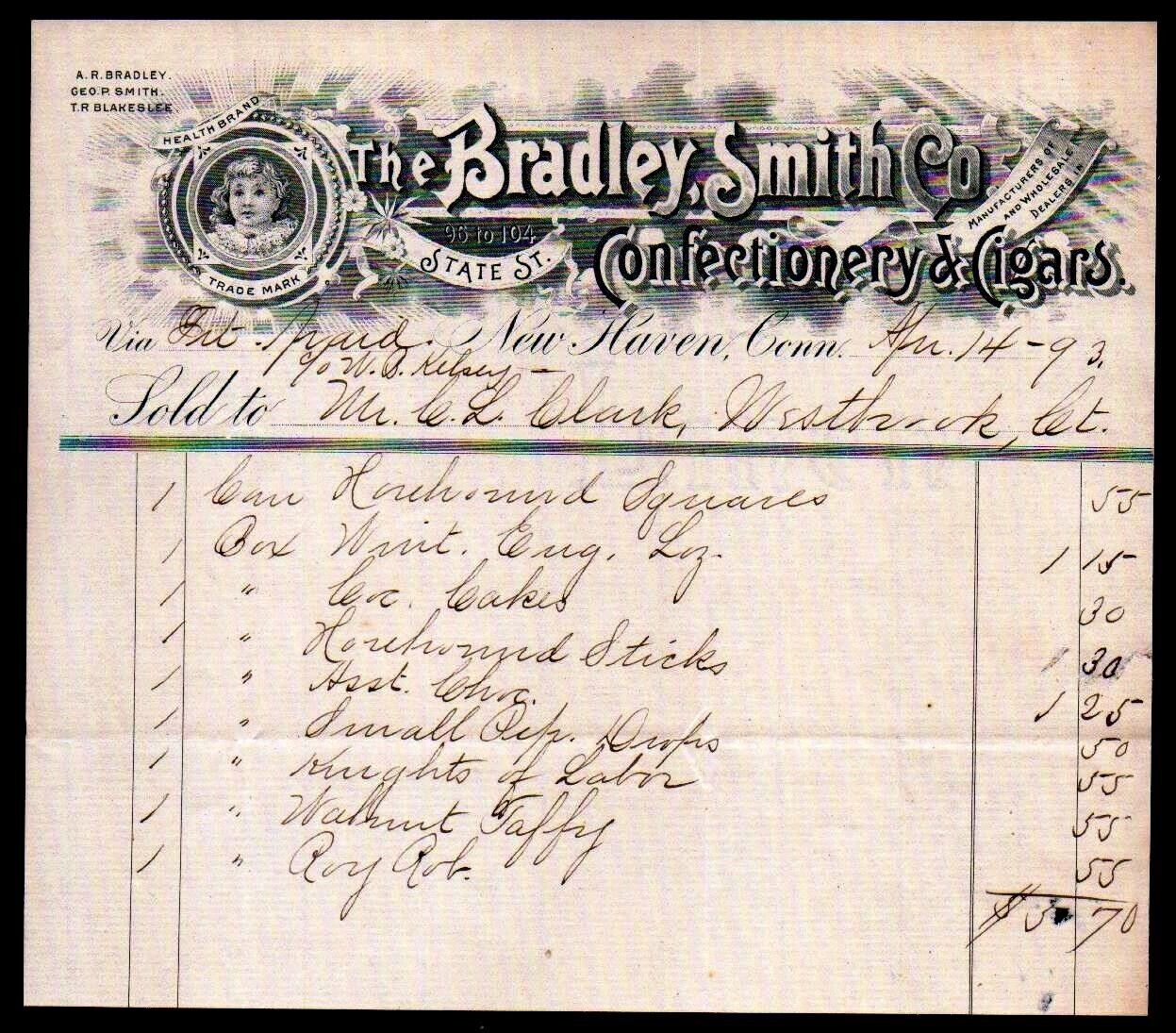 1893 New Haven Ct - Bradley Smith Co - Confectionery & Cigars - Letter Head Bill