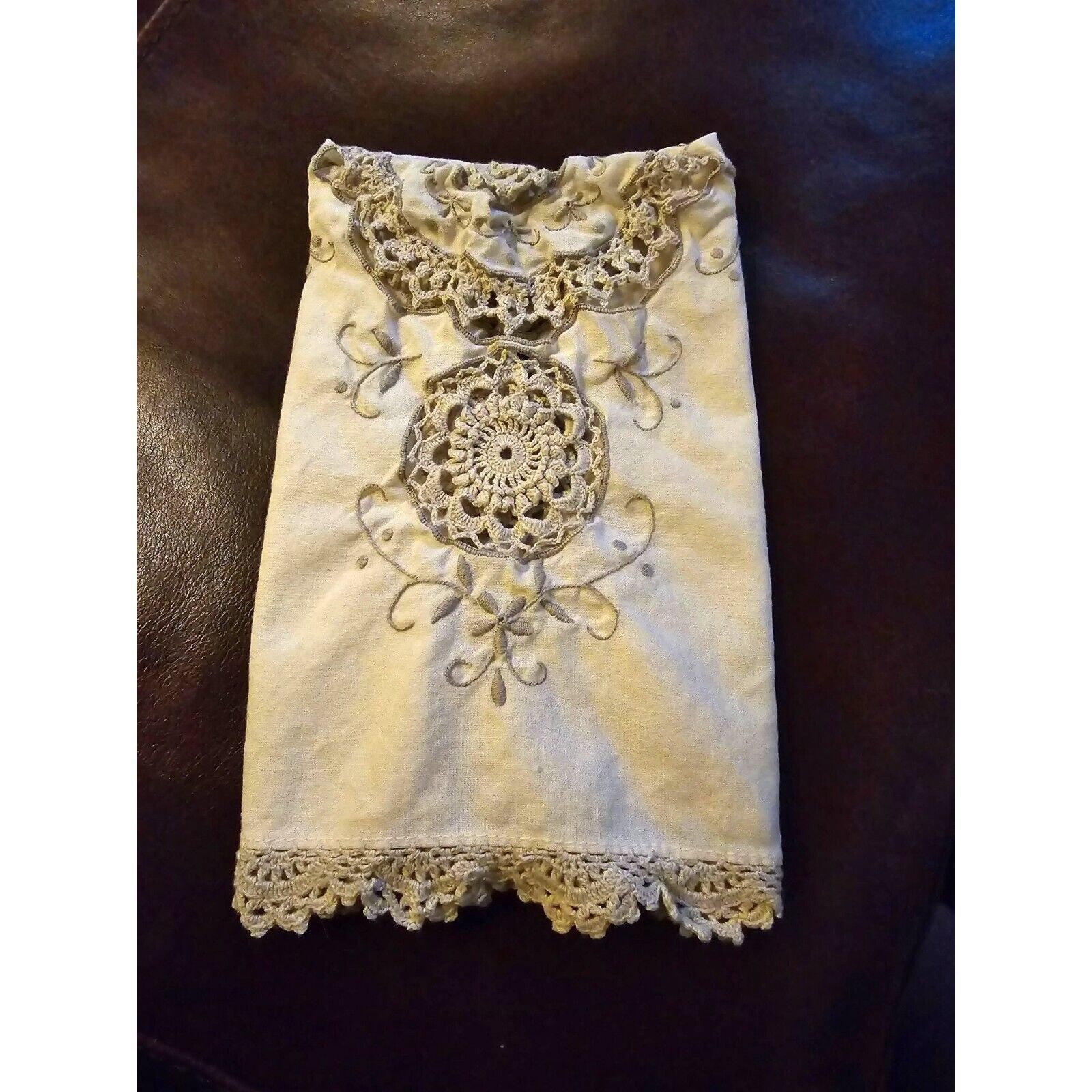 Set Of 6 Handmade Vintage Crochet Lace Embroidered Linen Napkins French Country