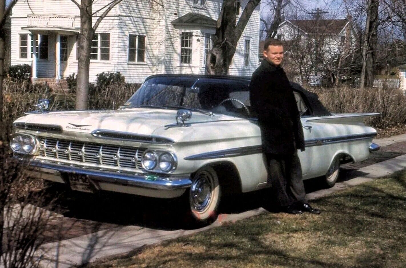 Vintage Color Photo Slide of Man & His 1959 Chevrolet Chevy Impala Muscle Car 🔥