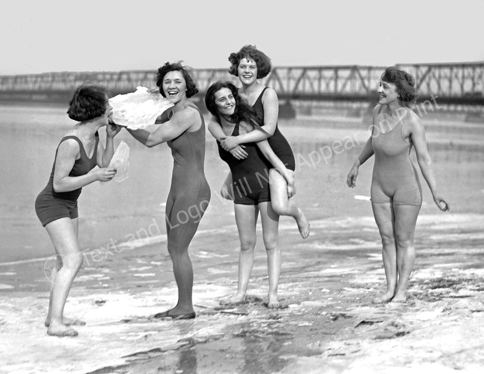 1924 Bathing Beauties Playing with Ice Vintage Photograph 8.5\