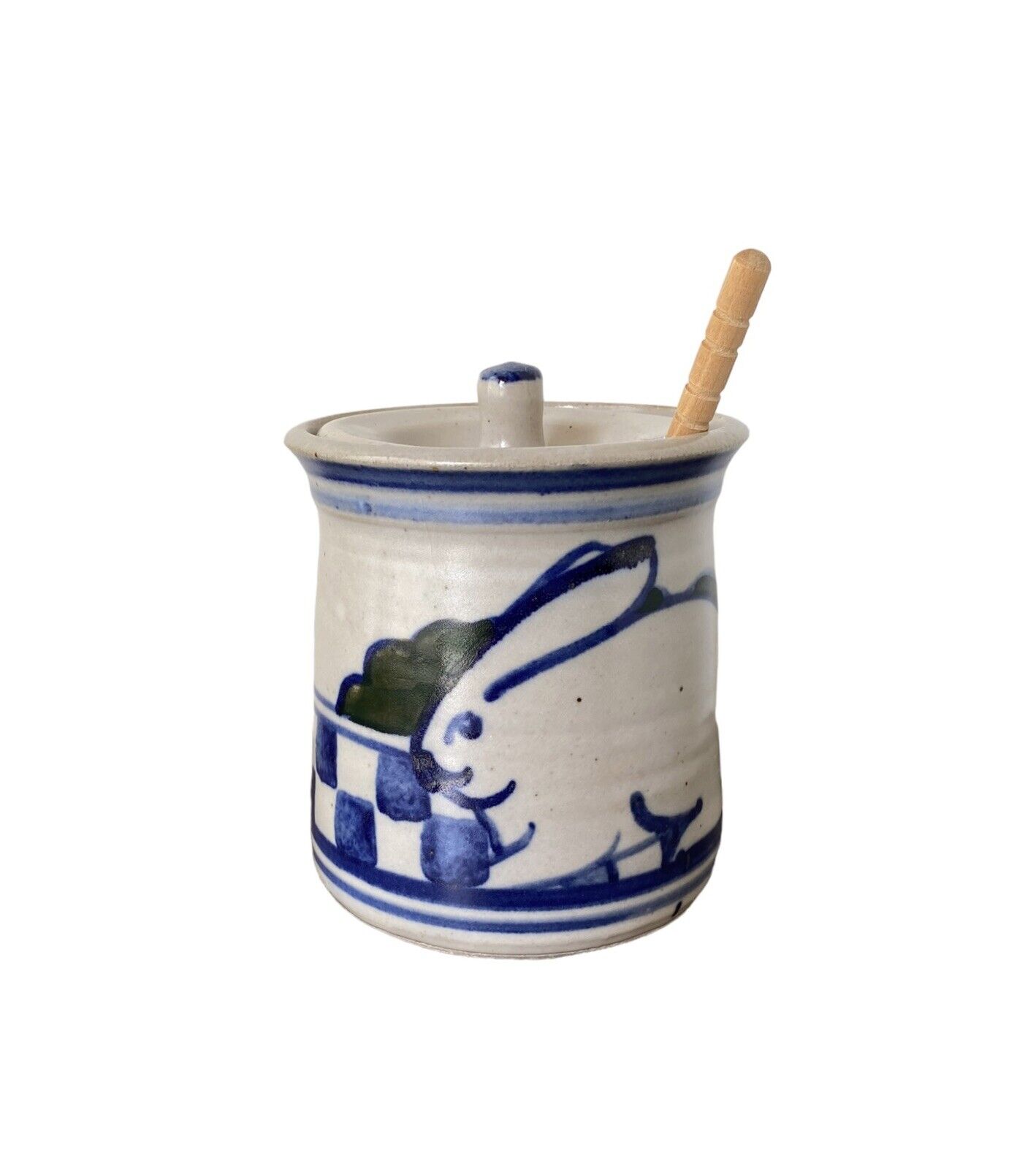 Debbie Dean Pottery Honey Crock Jar & Lid Bunny Rabbit Checkerboard 4.5” x 4”