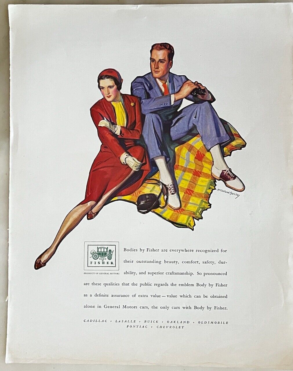1931 magazine ad for Body by Fisher - couple on blanket, Barclay illustration