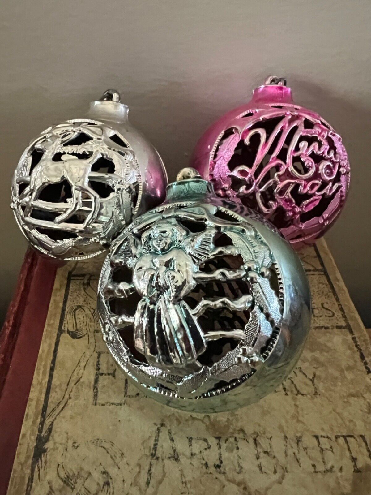 Vintage Bradford Filigree Plastic Christmas ornaments- lot of 3