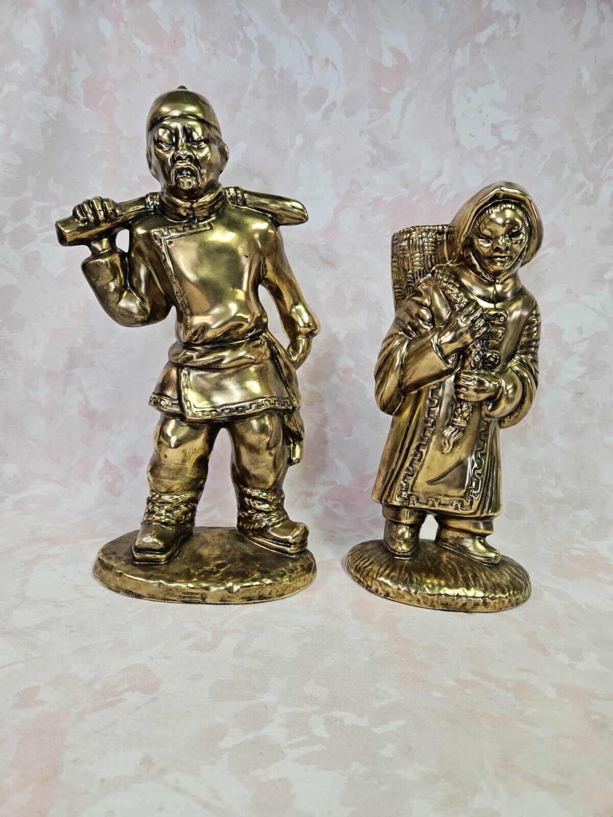 Vintage Pair Of Hand Painted Gold 1962 Asian Statues  14\