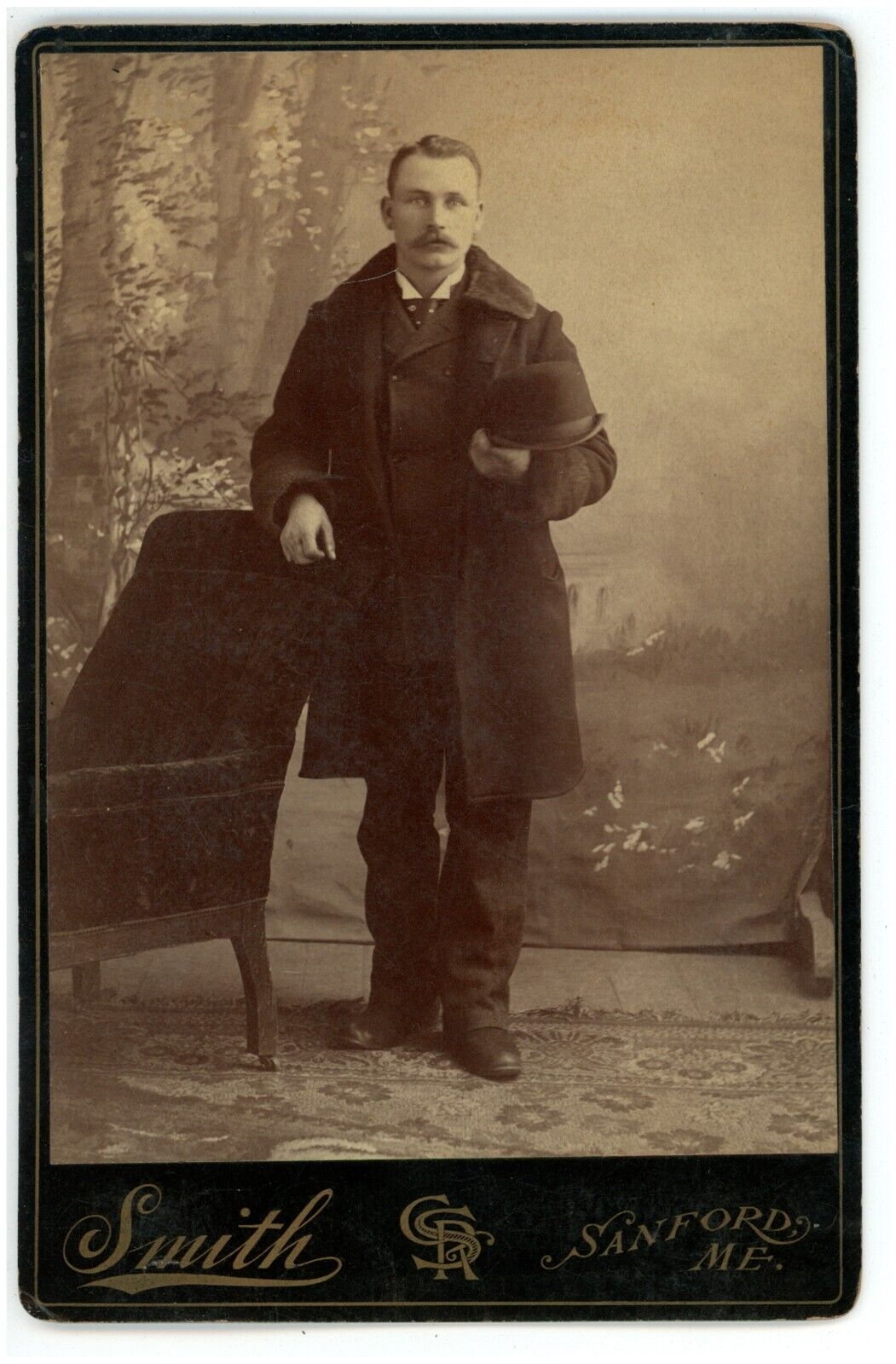 Antique c1880s Cabinet Card Handsome Dashing Man in Suit Coat w. Hat Sanford, ME