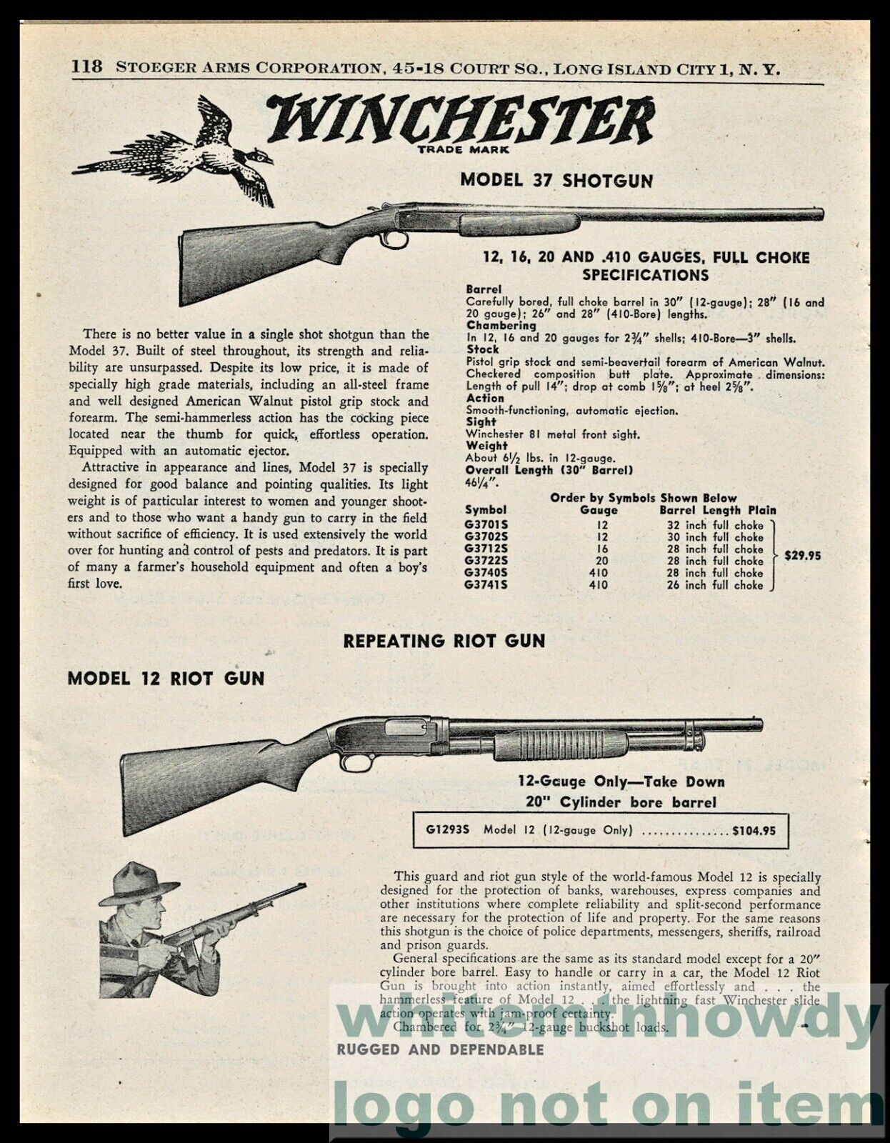 1958 WINCHESTER Model 37 Shotgun and 12 Riot Gun Original PRINT ADOBE