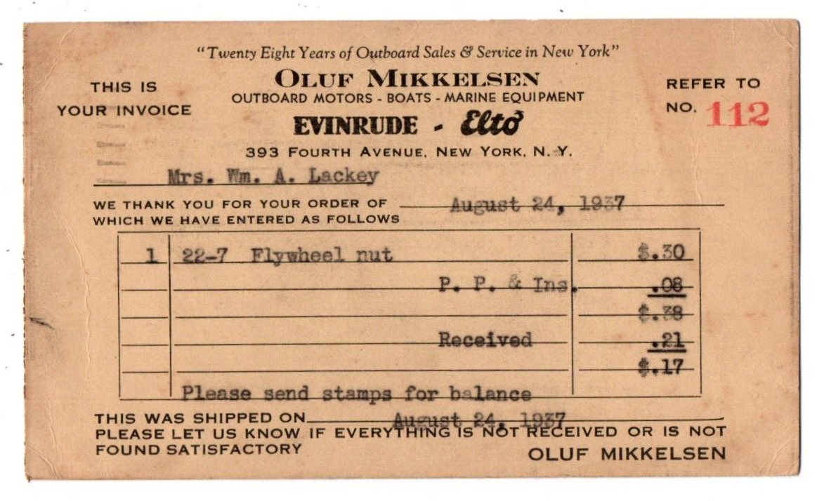NYC New York City Evinrude Elto Outboard Boat Motor Adv Postal Card Postcard
