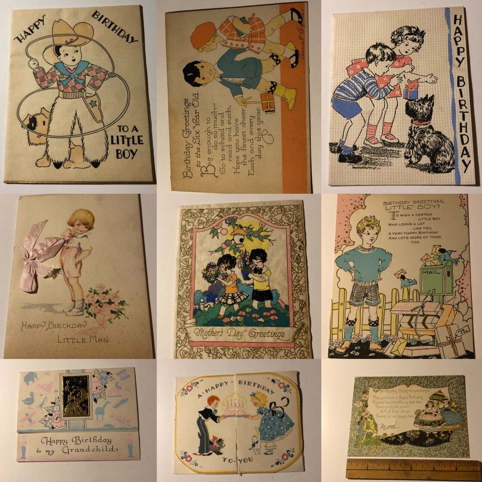 1920-40’ Kid’s Birthdays Cards. 9 Assorted Used Novelty Cards.Great Design Lot