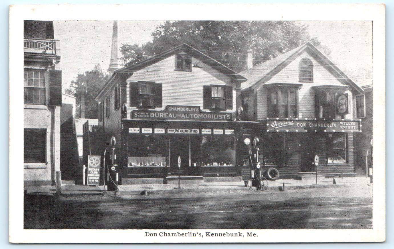 KENNEBUNK, Maine ME ~ DON CHAMBERLIN\'S STORE Gas Pumps c1920s  Postcard