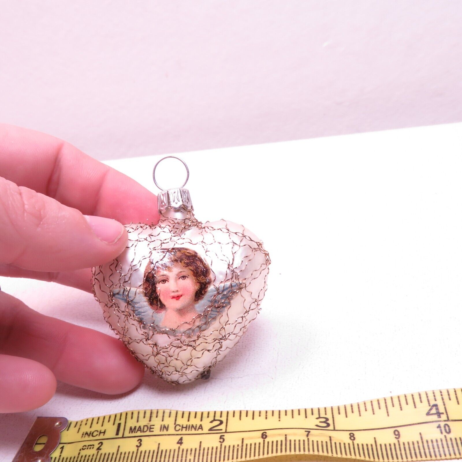 Vintage Germany Wire Wrapped Mercury Glass Ornament Heart Face