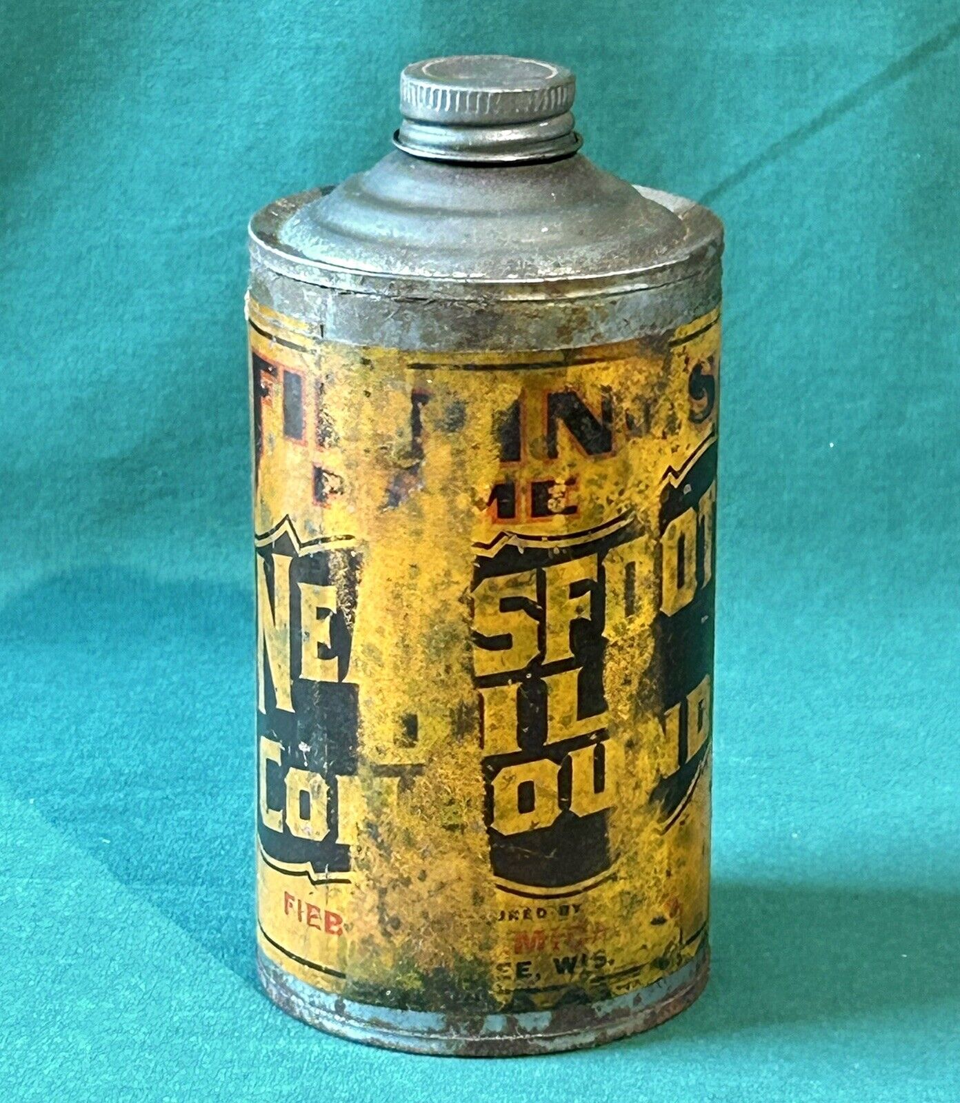 Fiebing\'s Neatsfoot Oil Can Compound Oiler Tin Cone Top Paper Label Vtg Antique