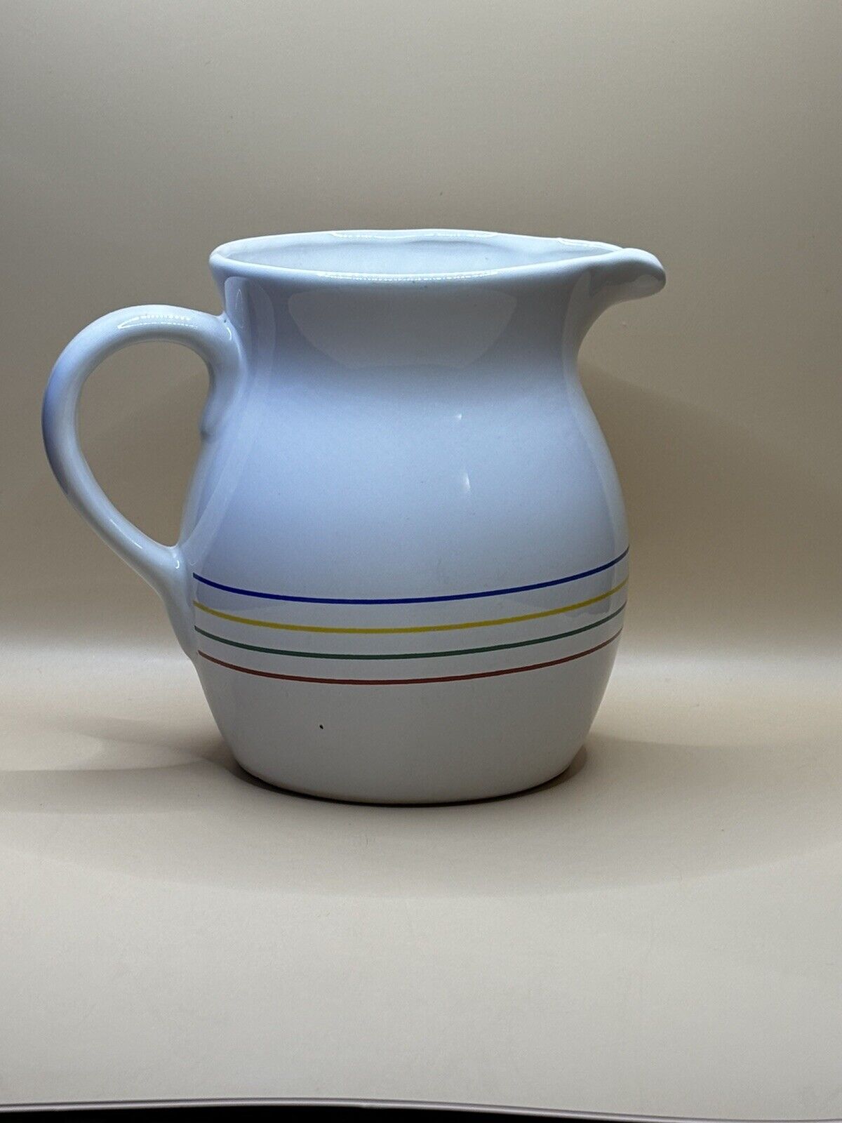 Vintage Rainbow Striped 6-in Ceramic Pitcher Jug White Blue Yellow Red Green