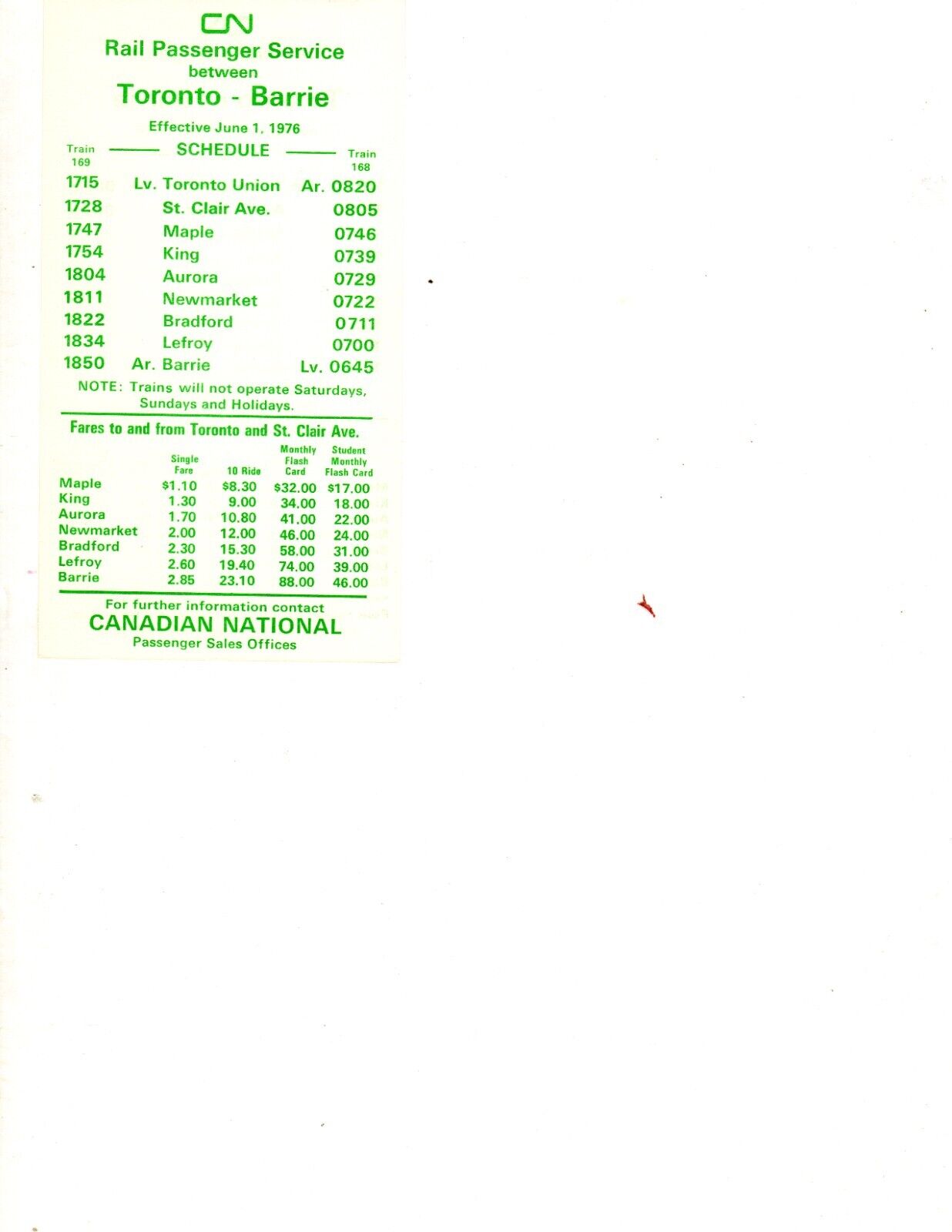 CANADIAN NATIONAL RY - TORONTO TO BARRIE SCHEDULE - 6/1/1976