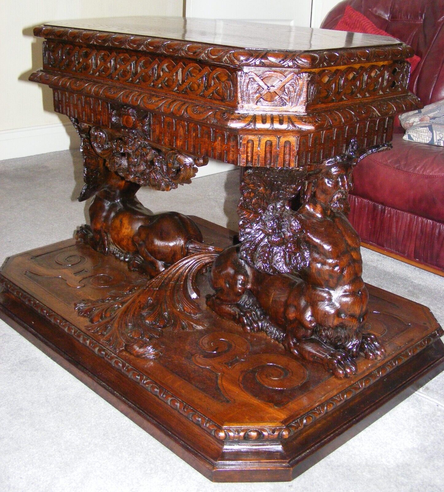 Stunning Table with Human Griffin / Centaur Carved Stands Possibly Masonic c1850