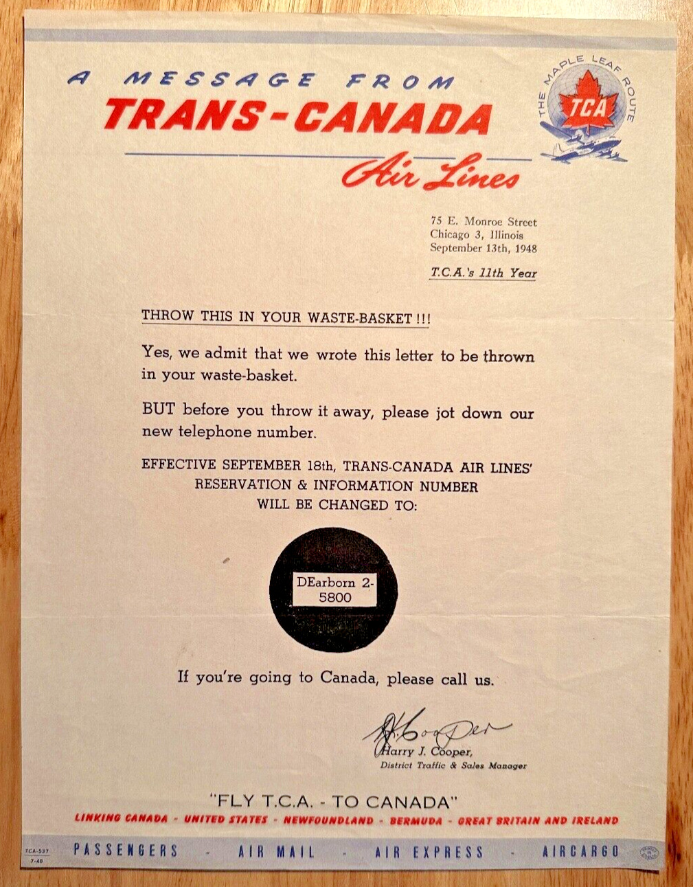 Trans-Canada Air Lines- 1948 Chicago, Illinois vintage business letter