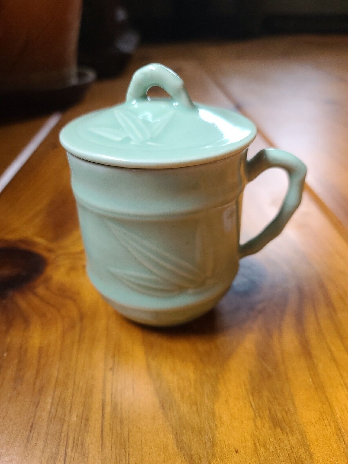 Vintage Chinese Celadon Jingdezhen Mug with Bamboo Designs 1970s With Lid Marked