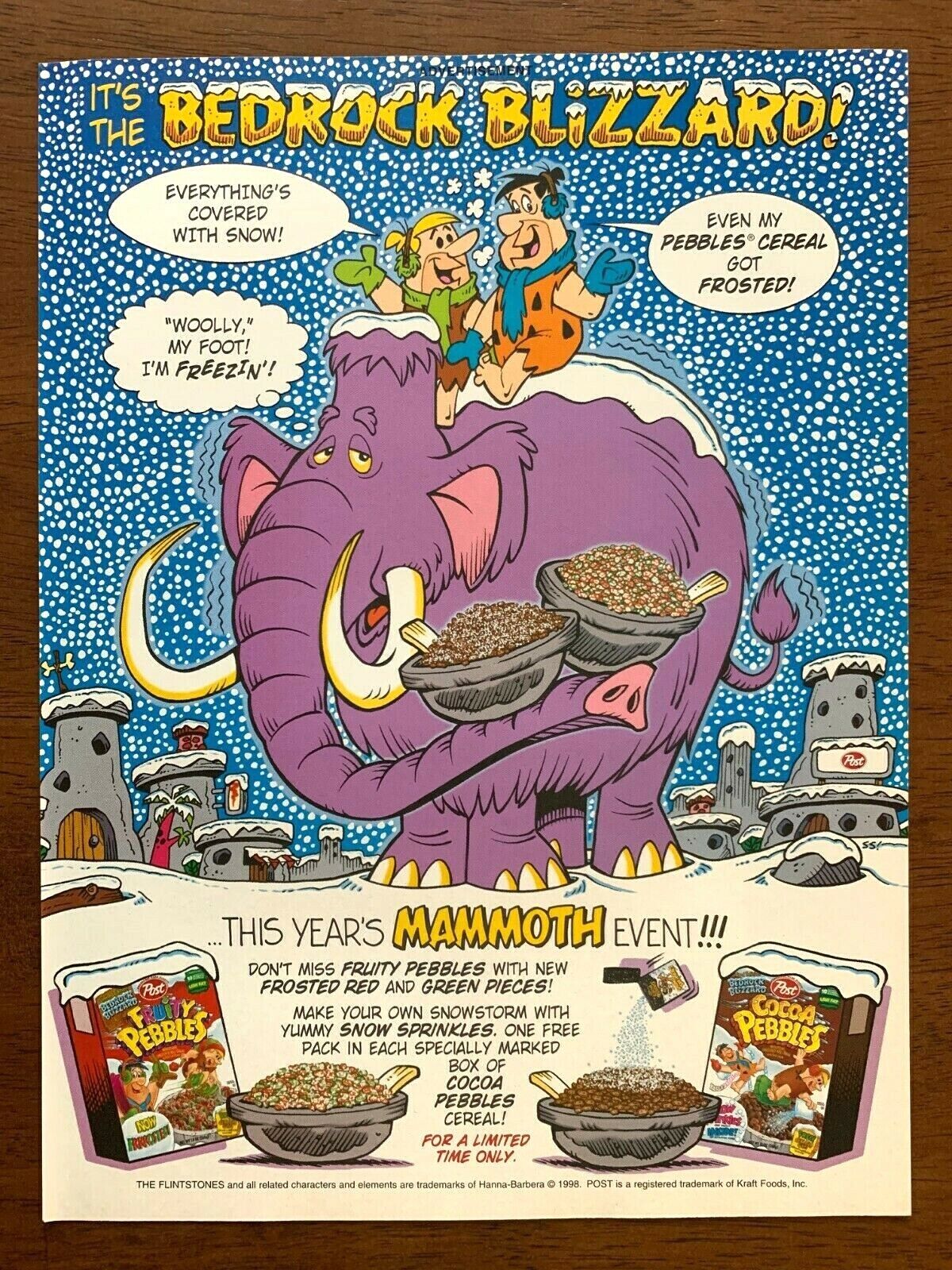 1998 Fruity Cocoa Pebbles Cereal Vintage Print Ad/Poster Flintstones Fred Barney