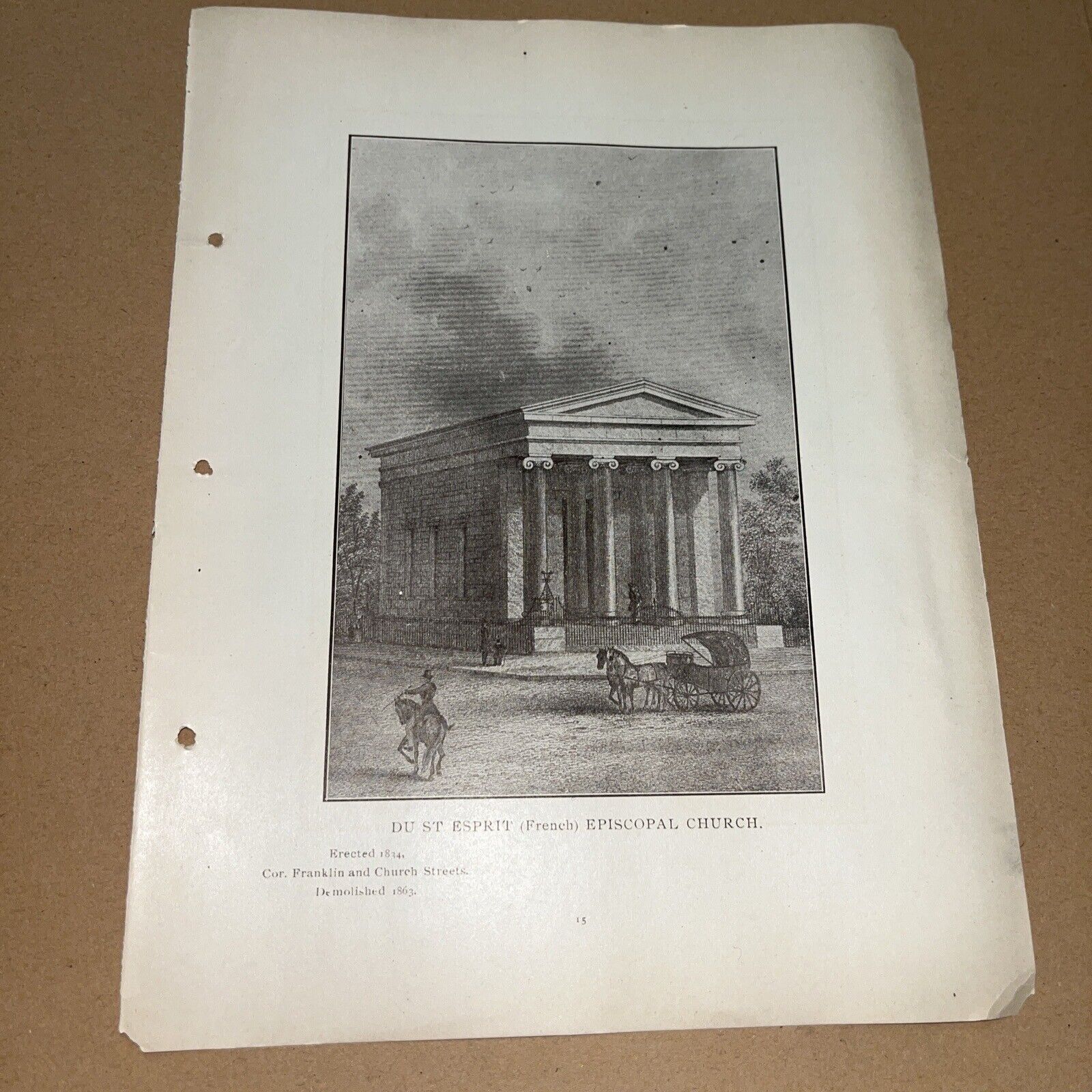 Antique Print of Du St Esprit (French) Episcopal Church 1834-1863 New York City