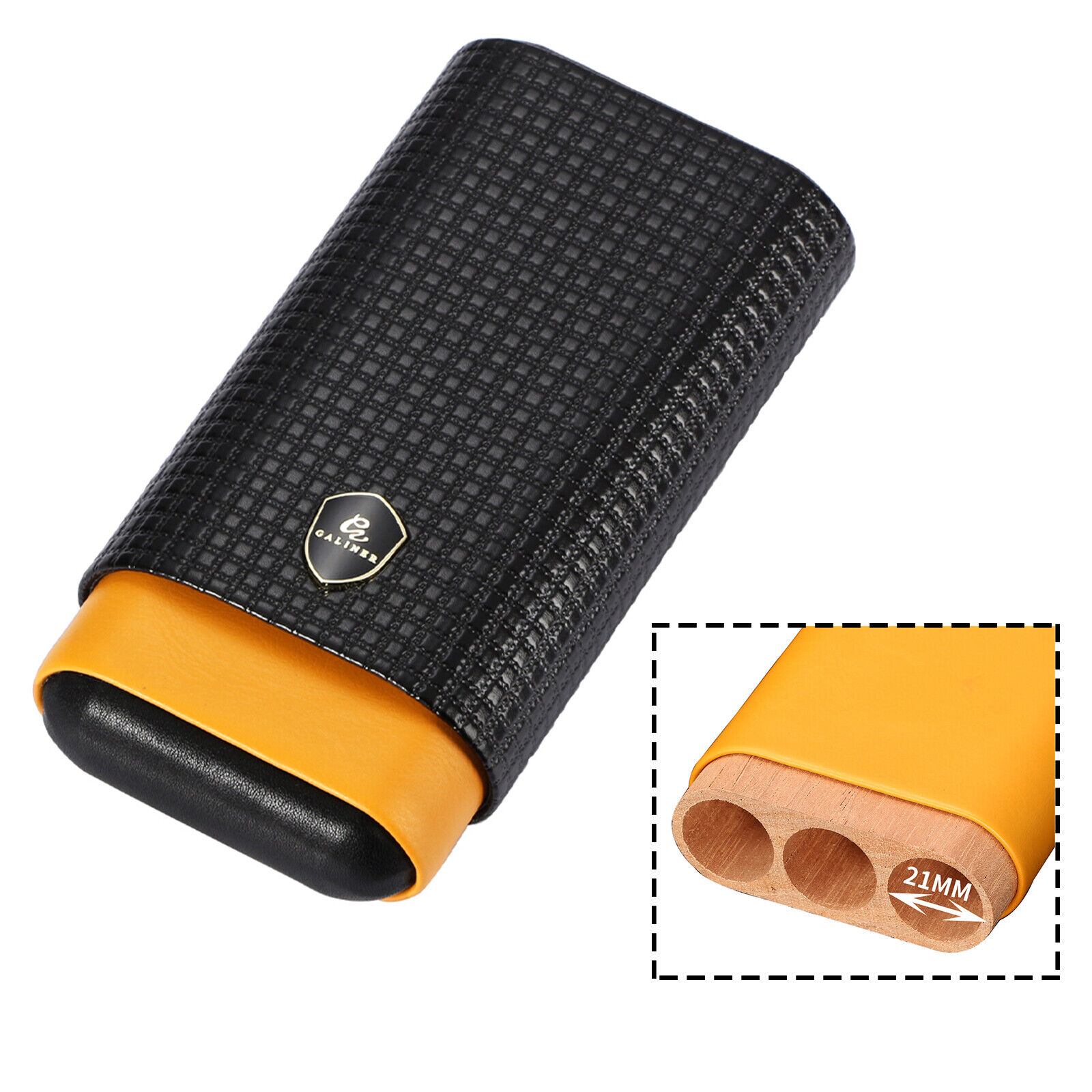 Galiner Yellow & Black Leather Cedar Lined Cigar Case Travel Holder Humidor 3 Ct