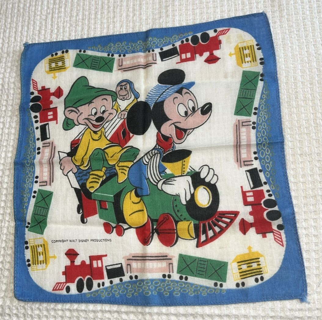 WALT DISNEY  MICKEY MOUSE AND DOPEY  ON TRAIN  HANKY  VINTAGE