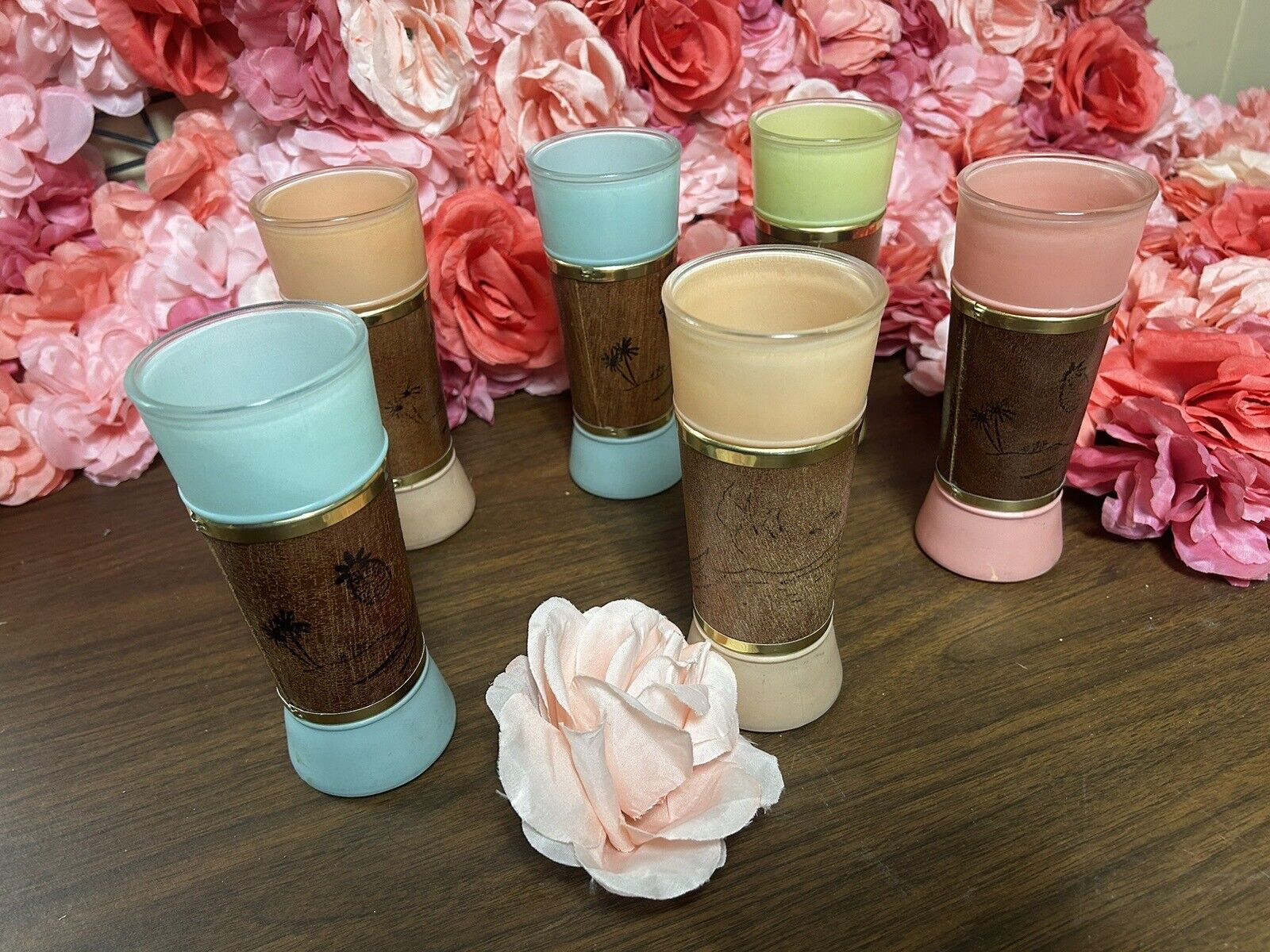 Vintage Siestaware Frosted Tiki Tumblers (6) Mahogany Wrap No Chips Multi Color