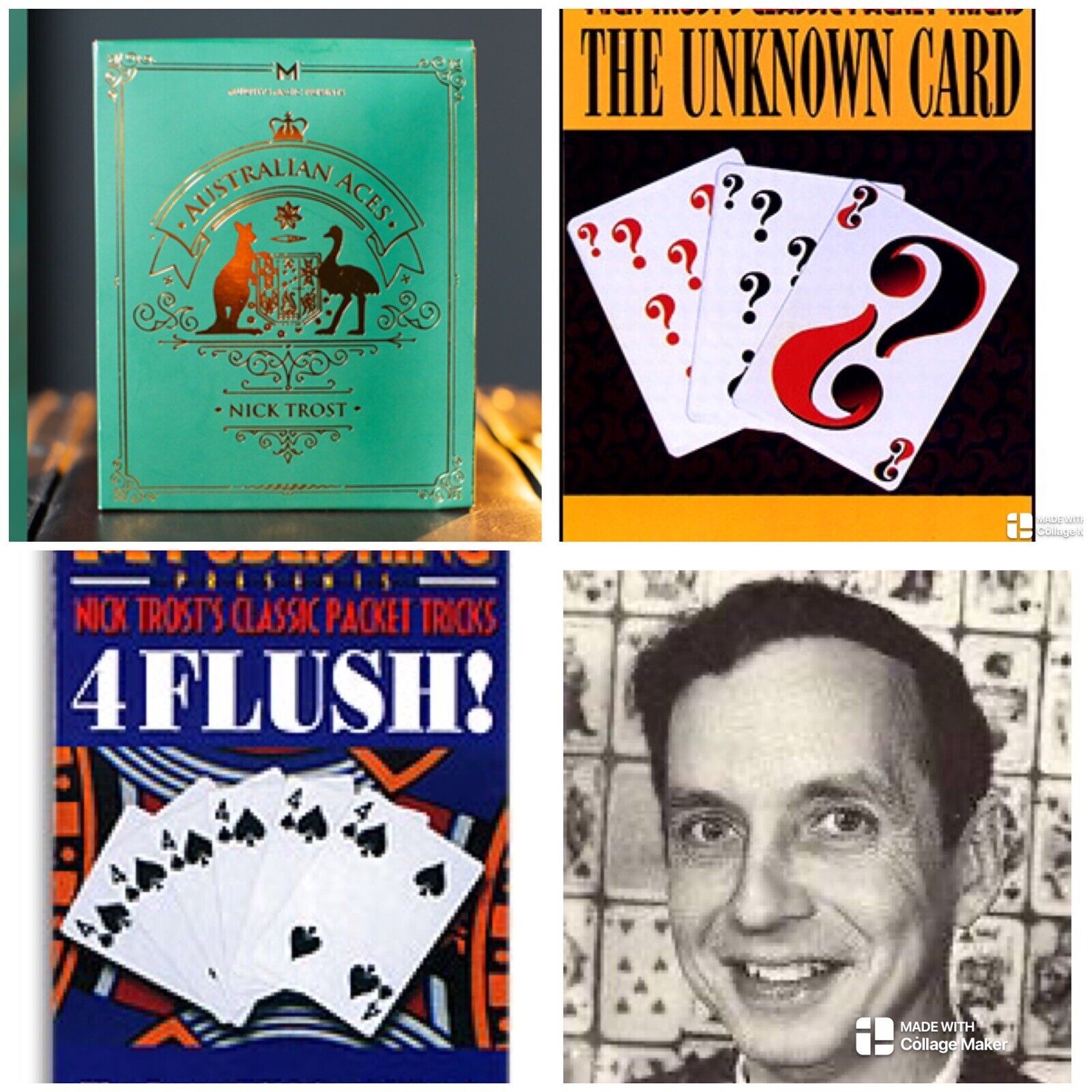 3 Pack Nick Trost's Card Magic-Australian Aces, The Unknown Card, 4 Flush NEW