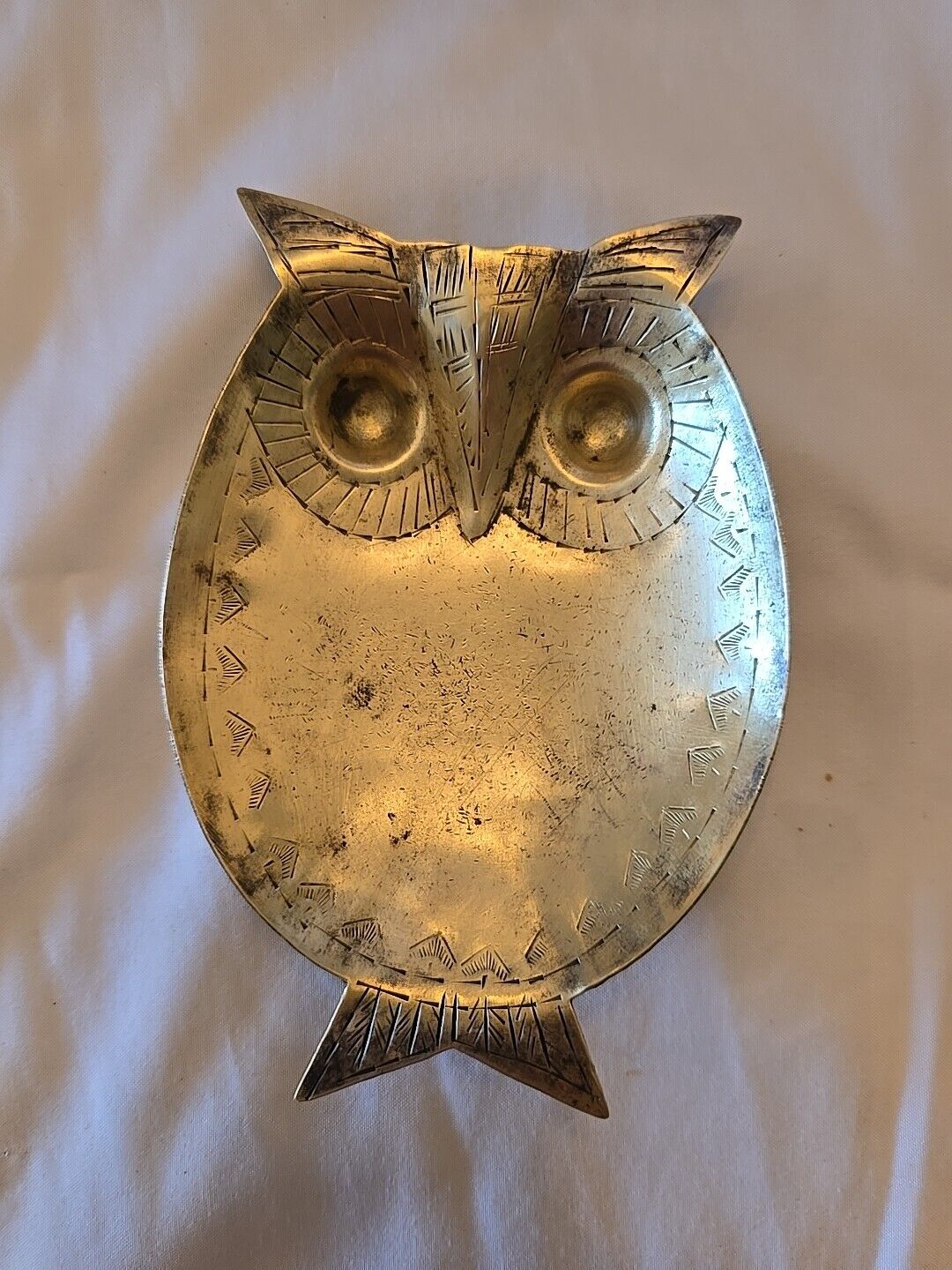 Vintage Etched Brass Owl Trinket Coin Dish Ashtray MCM Mid Century 1960s Style