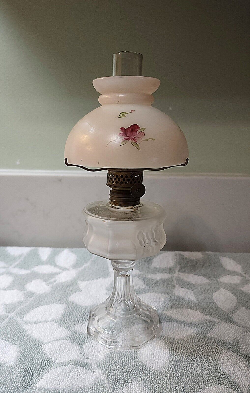 Antique Miniature Glass Oil Lamp Roses