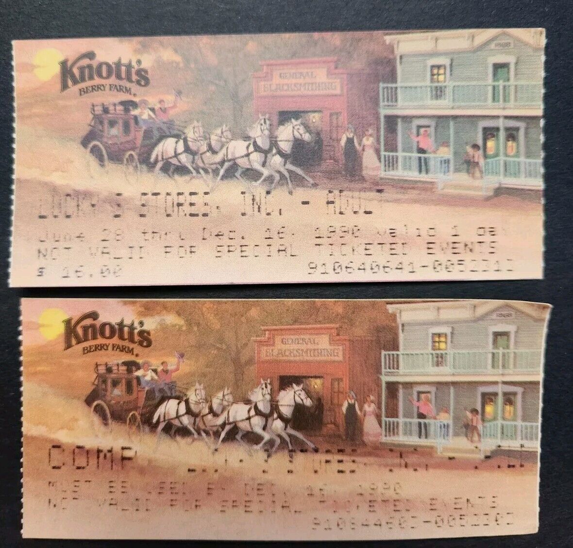 Lot of 2 Knotts Berry Farm Vintage Tickets - Buena Park, CA from Dec. 1990