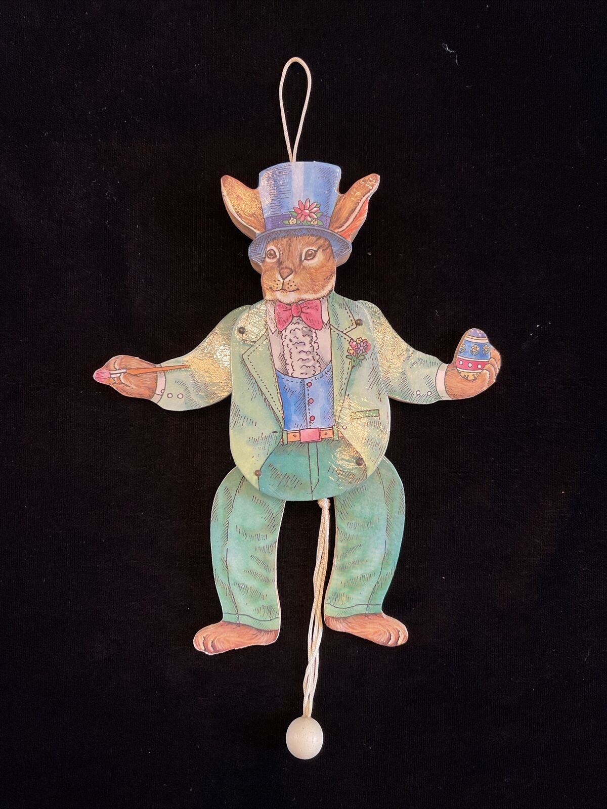 VINTAGE Wooden Jumping Jack Pull Puppet Rabbit Bunny Ornament Easter Christmas
