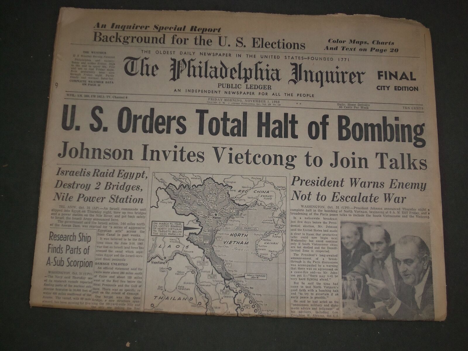1968 NOV 1 PHILADELPHIA INQUIRER NEWSPAPER-U.S. ORDERS HALT OF BOMBING - NP 3140