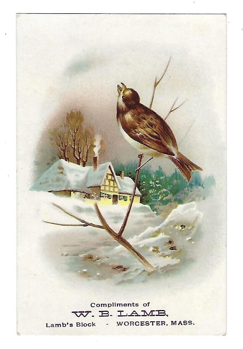 c1890 Victorian Trade Card W.B. Lamb, Shaw Piano, Wintery Scene & Bird Singing