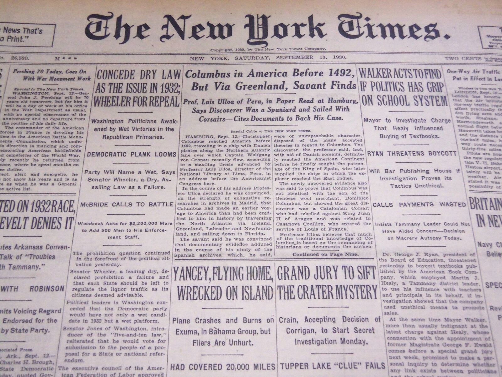 1930 SEPTEMBER 13 NEW YORK TIMES - COLUMBUS IN AMERICA BEFORE 1492 - NT 4978