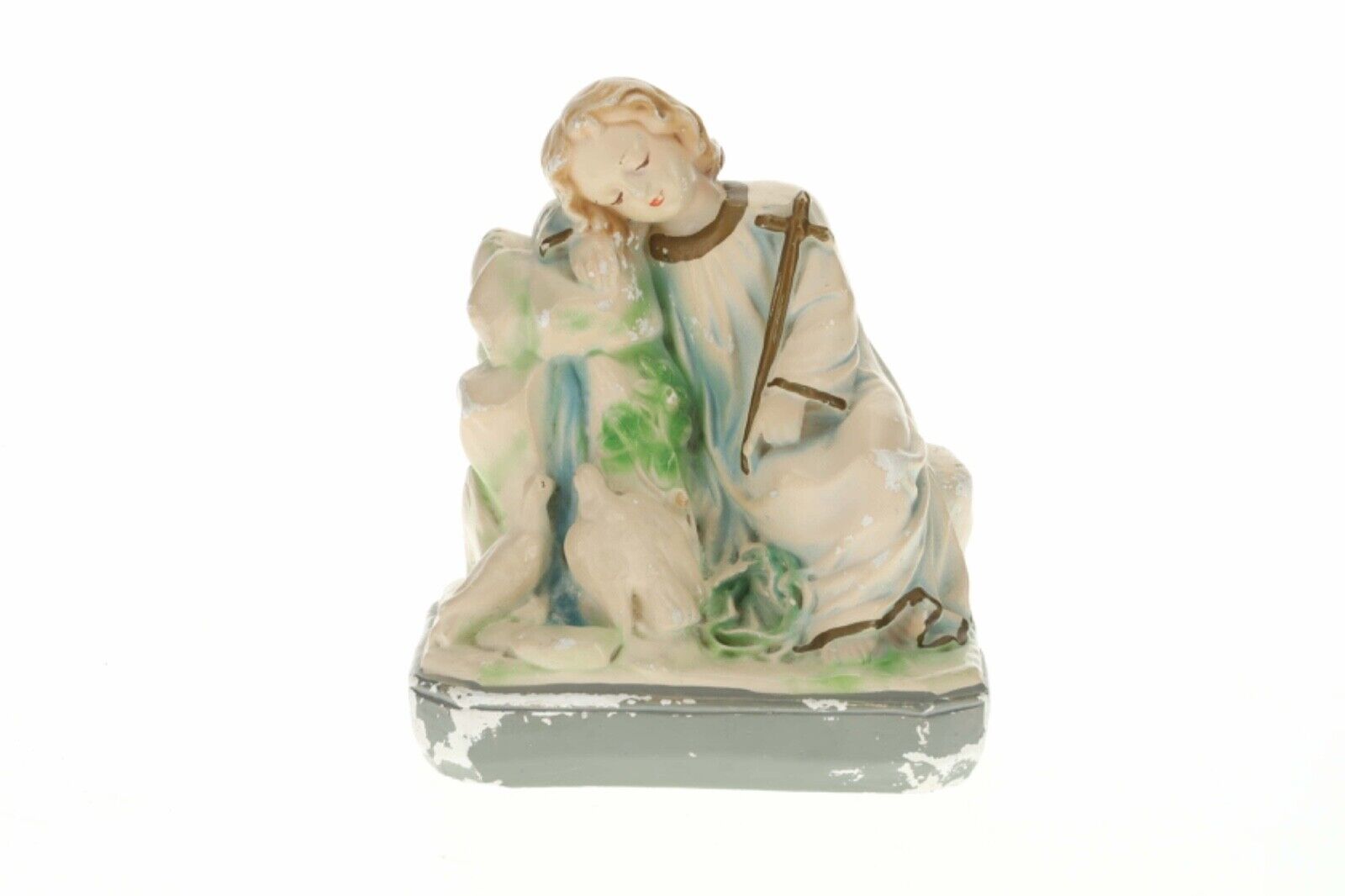Antique Chalkware Statue Infant Jesus Christ Child Asleep Doves 1921