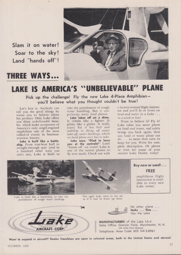 Three ways the Lake Amphibian is America\'s Unbelievable Plane ad 1960 AOPA