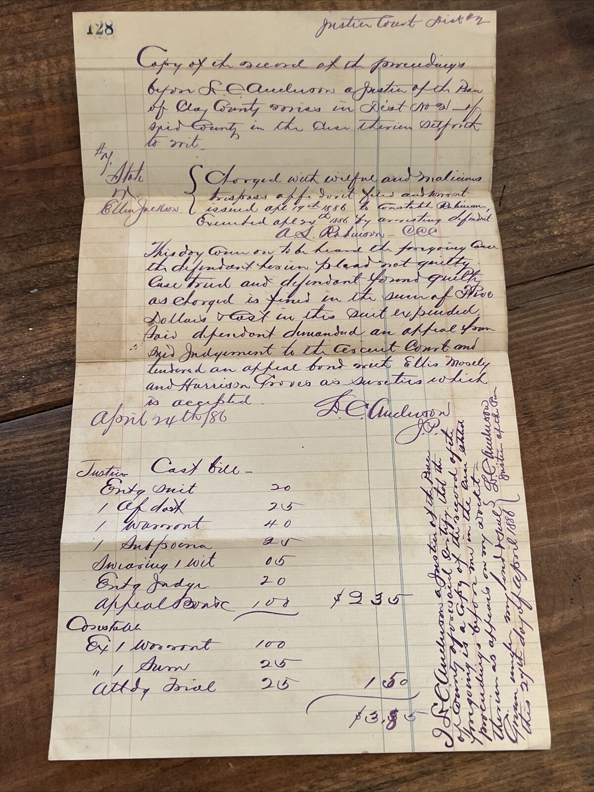 Antique 1886 Legal Transcript Bill Original Handwriting Ephemera Mississippi
