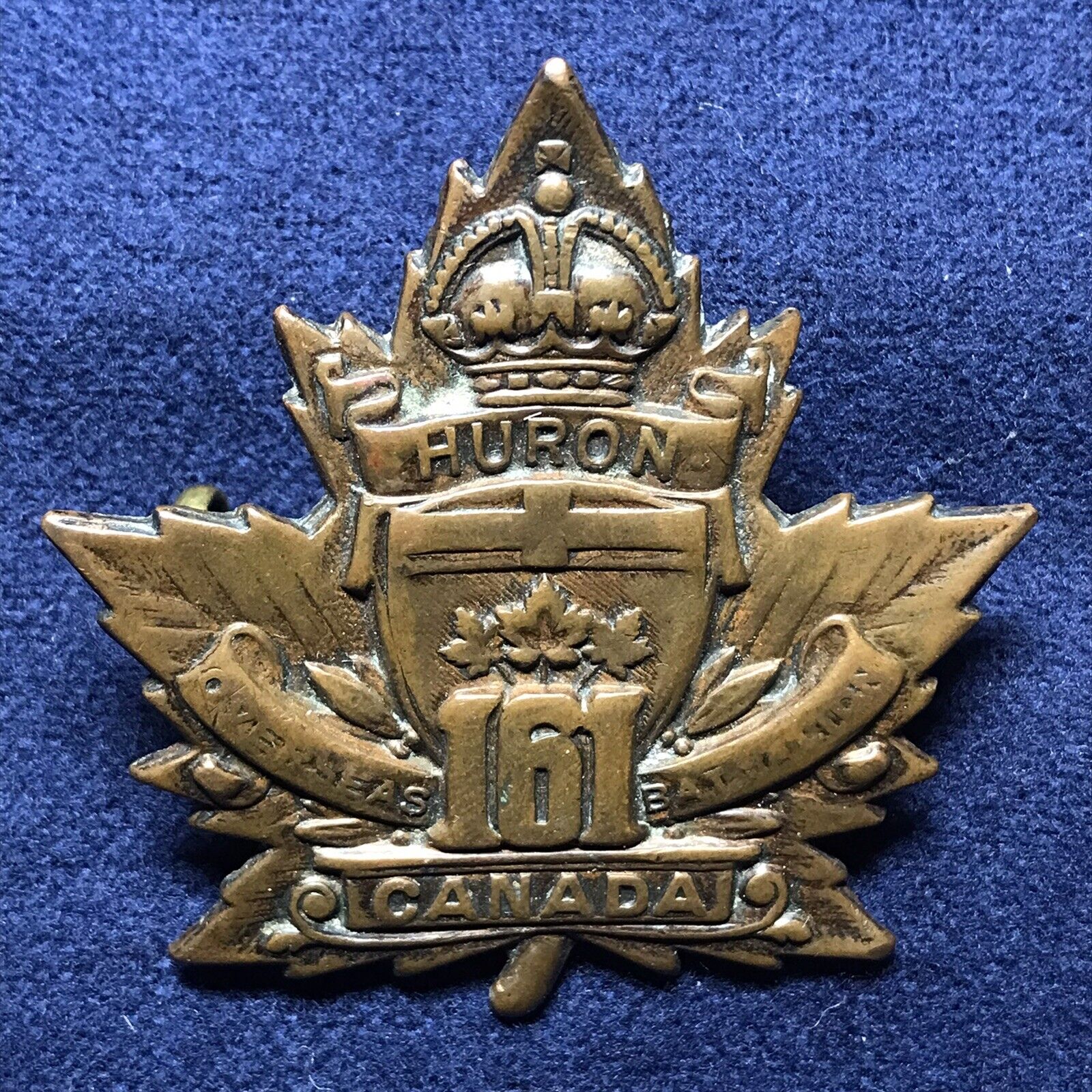 Canada: 1914-1918 WWI Huron 161st Overseas Battalion Cap Badge, by Hemsley