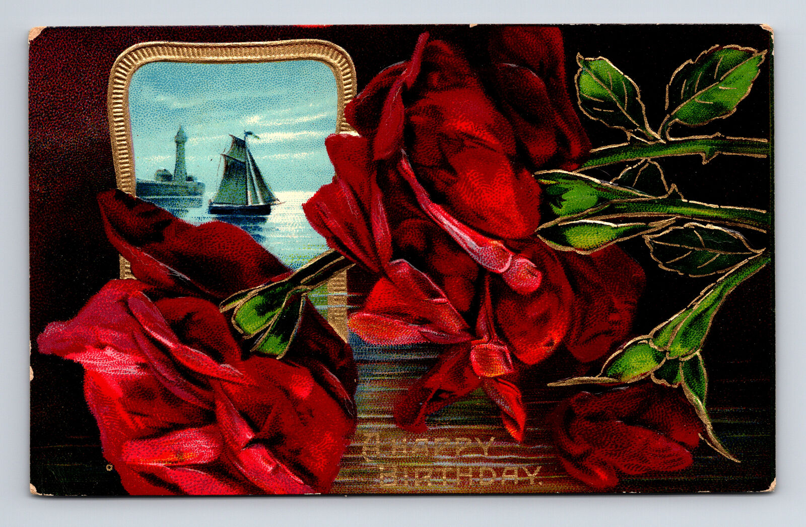 Red Rose Flowers Sailboat Dock Gilded Embossed Birthday Greetings Postcard