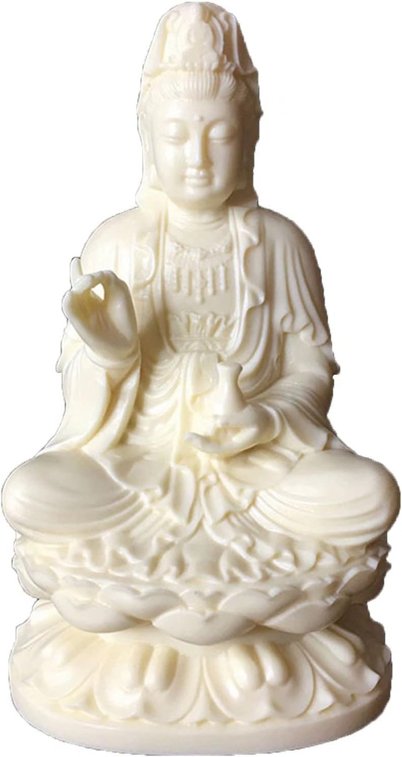 Goddess of Mercy Guan Yin Buddha Statue on Lotus|White Quanyin Sculpture for Hom