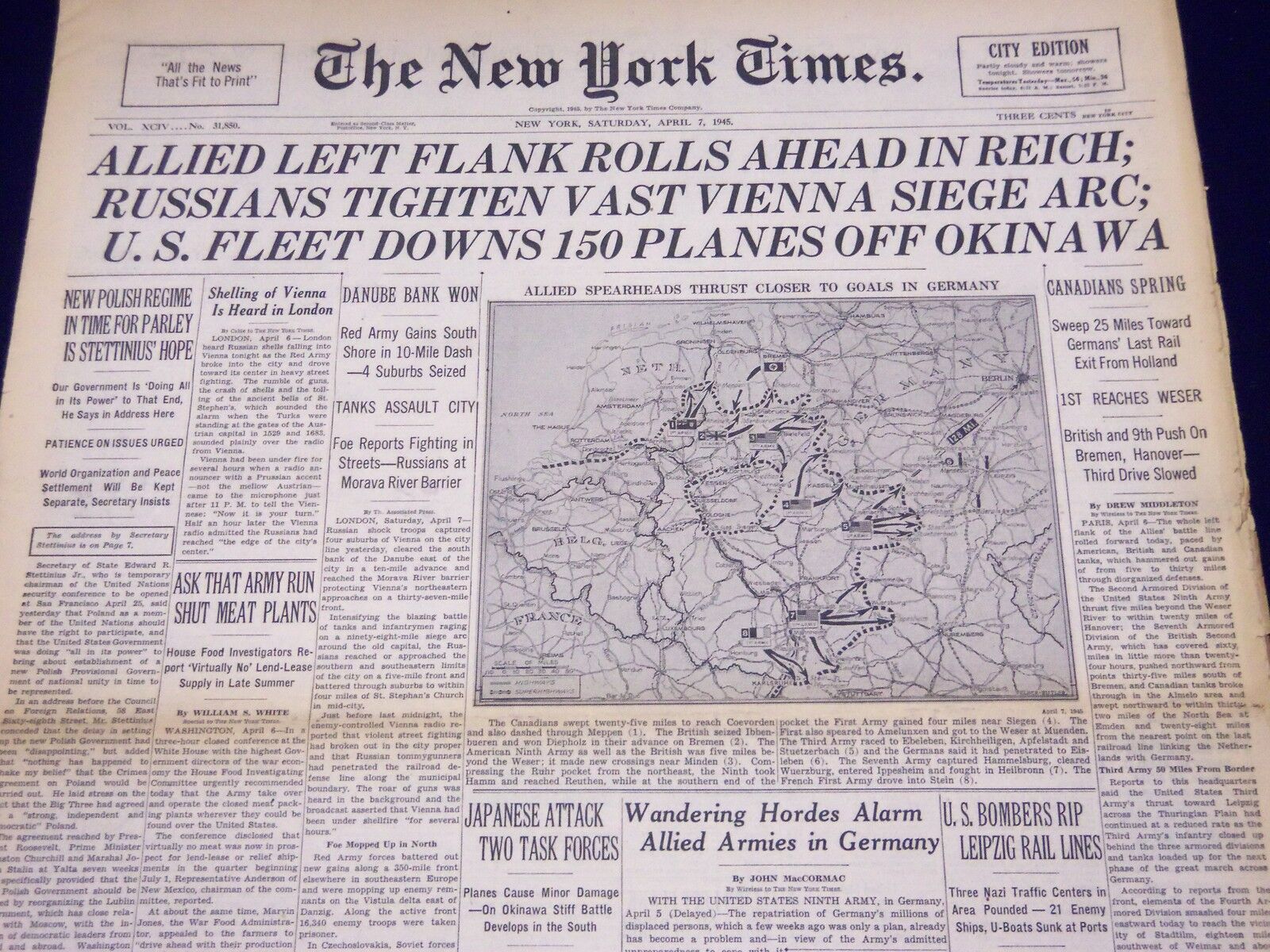 1945 APR 7 NEW YORK TIMES - ALLIED LEFT FLANK ROLLS AHEAD IN REICH - NT 371