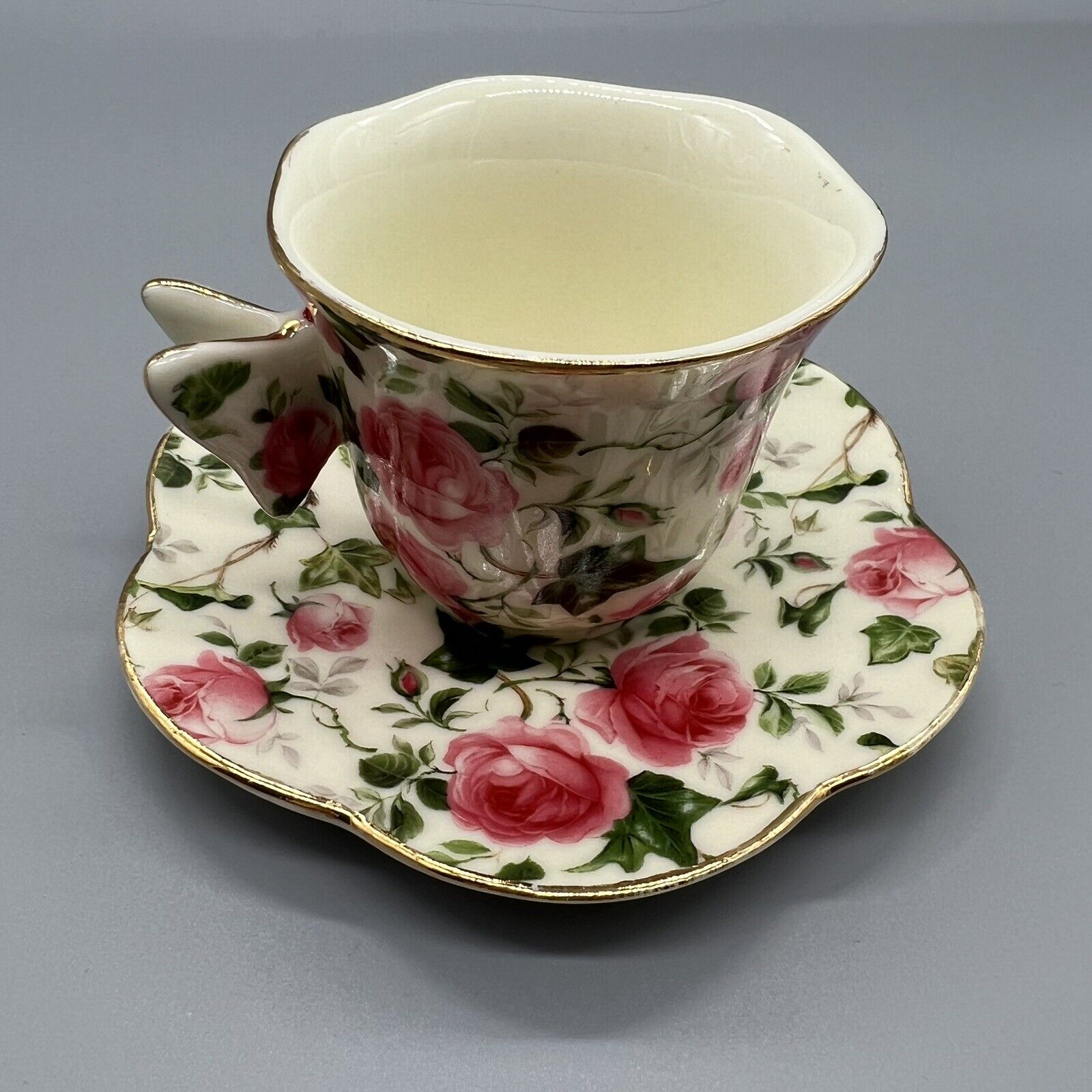 Baum Brothers~ Victorian Rose Chintz~ Demitasse Cup w/Butterfly Handle & Saucer 