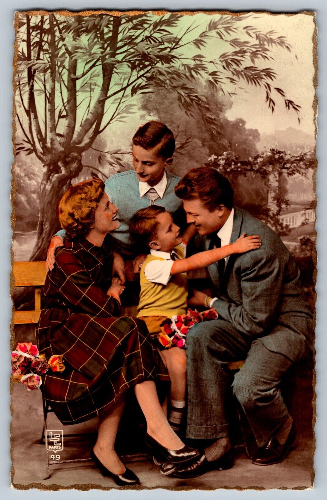Real photo hand colored postcard c1950 Happy Family Paris France