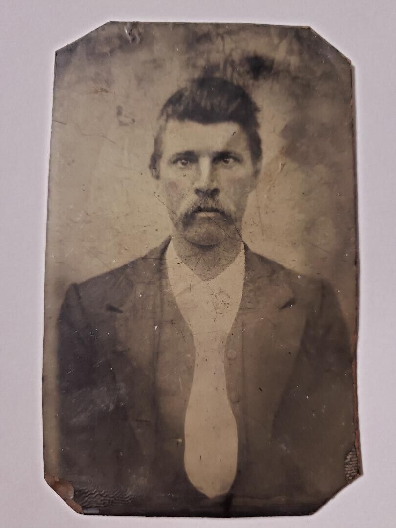 Antique Tintype Photo Old West Cowboy Ruffian Outlaw Mustache Close-Up Mug Shot
