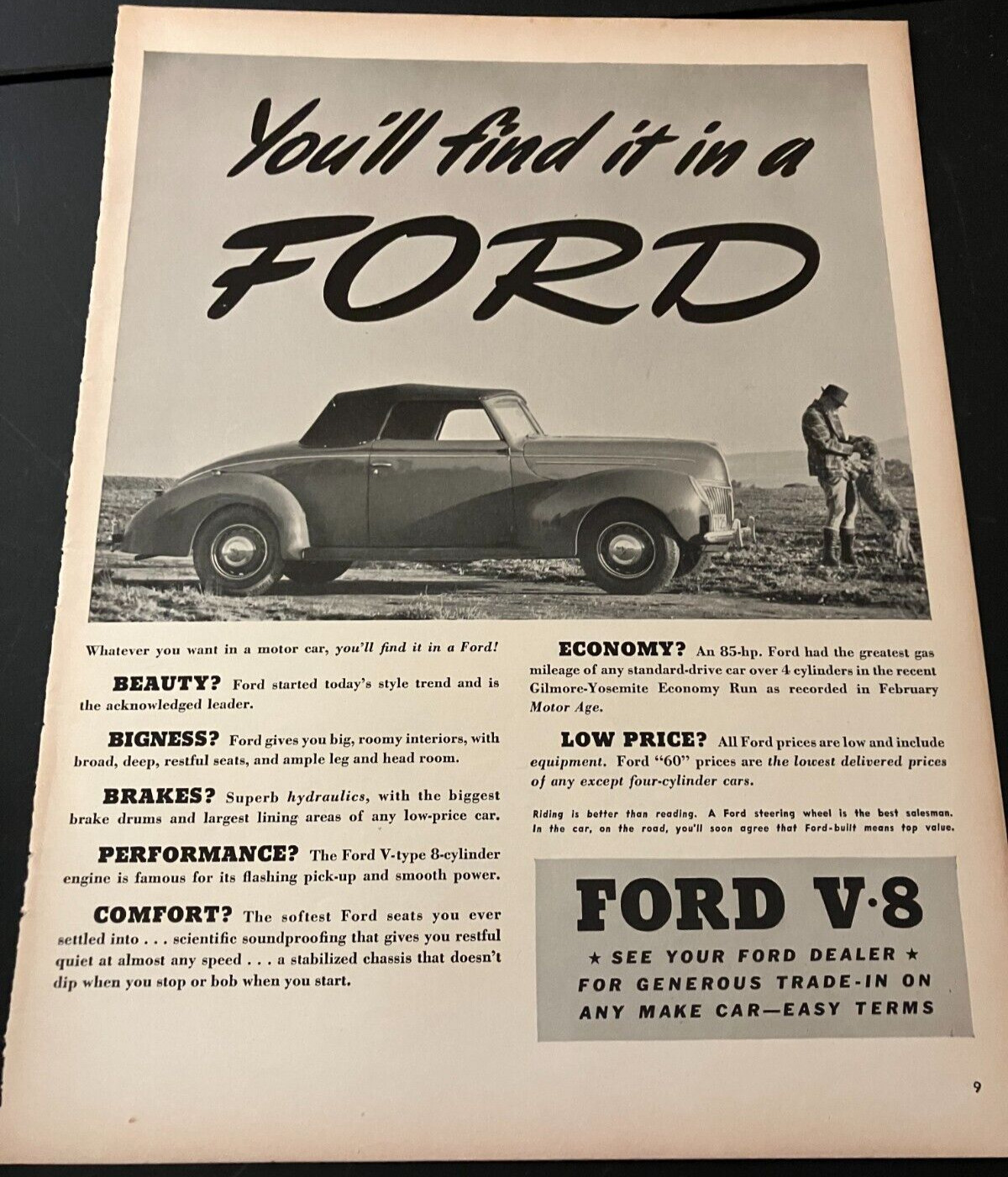 1930s Ford V-8 - Vintage Original Illustrated Print Ad / Garage Wall Art - CLEAN