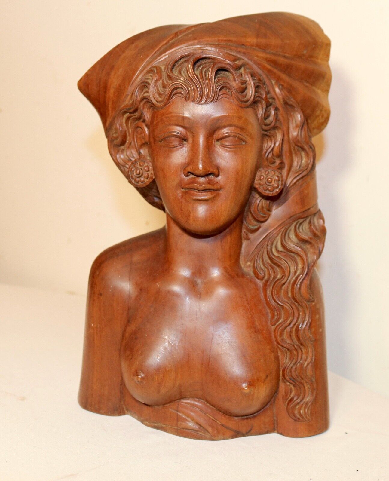 antique carved balinese Indonesian Bali nude lady bust wood carving sculpture