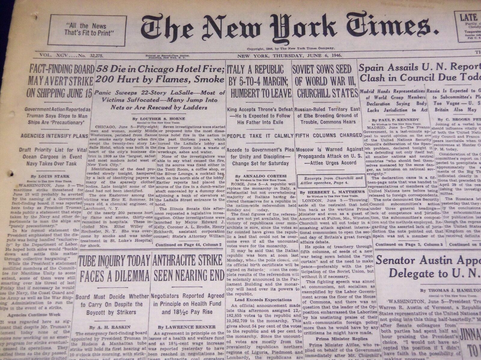 1946 JUNE 6 NEW YORK TIMES - 58 DIE IN CHICAGO HOTEL FIRE - NT 2696