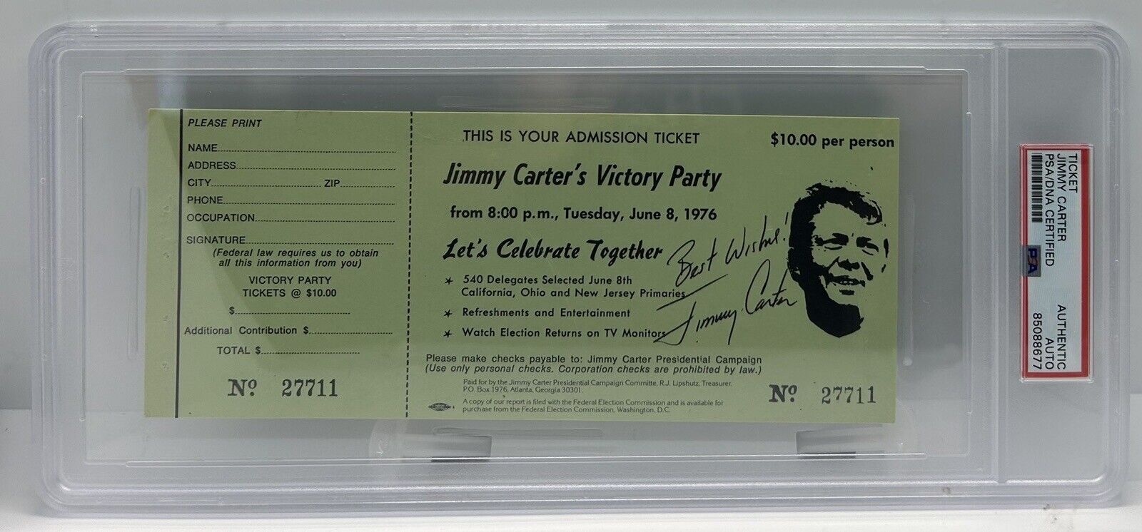 Jimmy Carter Signed 1976 Presidential Election Victory Party Ticket Stub PSA DNA